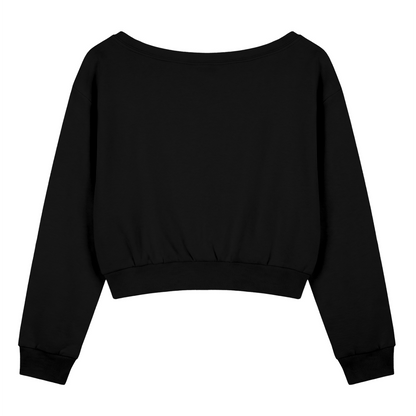 Back side of black, off the shoulder, long sleeved cropped sweatshirt on a white background