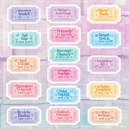 A sheet of 16 retro-style book club ticket stickers arranged in a grid on a pastel purple background. The tickets feature various colorful designs in lavender, pink, blue, yellow, and peach, each with a unique quote like 'Opposites Attract' or 'Friends to Love' and the text 'LIFETIME MEMBERSHIP'.