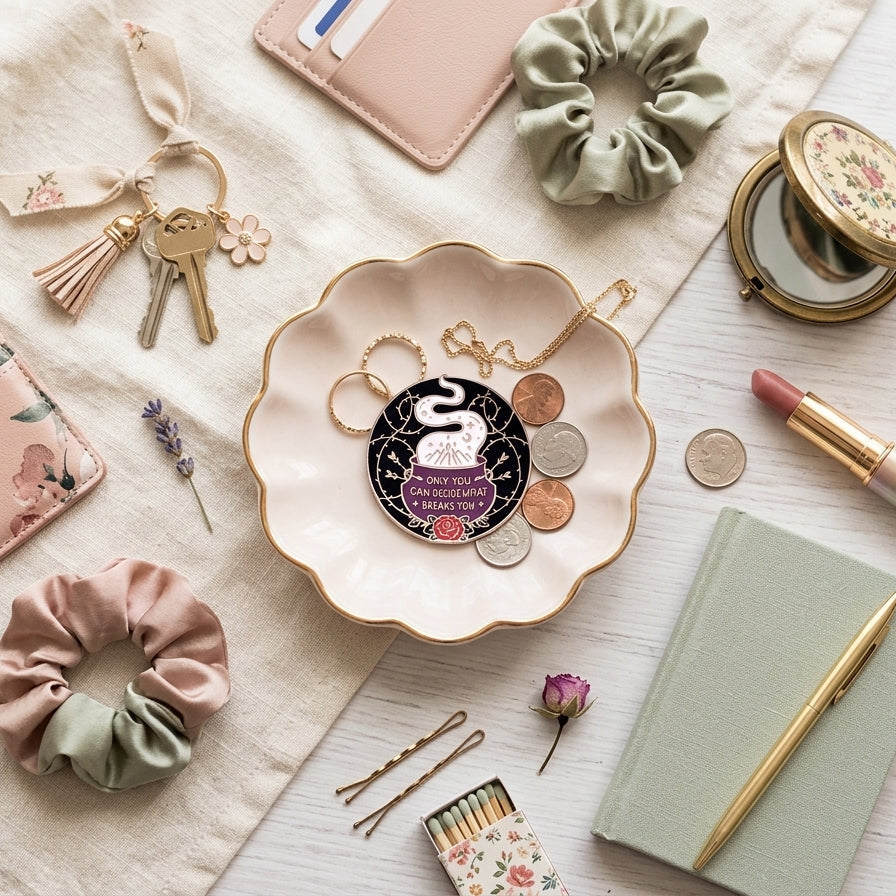 A styled flat-lay featuring a round enamel pin with a black and white swan design and the text 'ONLY YOU CAN DECIDE WHAT BREAKS YOU'. The pin is displayed on a scalloped cream dish, surrounded by coordinating accessories including a pink floral wallet, a green scrunchie, a gold compact mirror, a pink lipstick, and a green notebook on a light wood background.