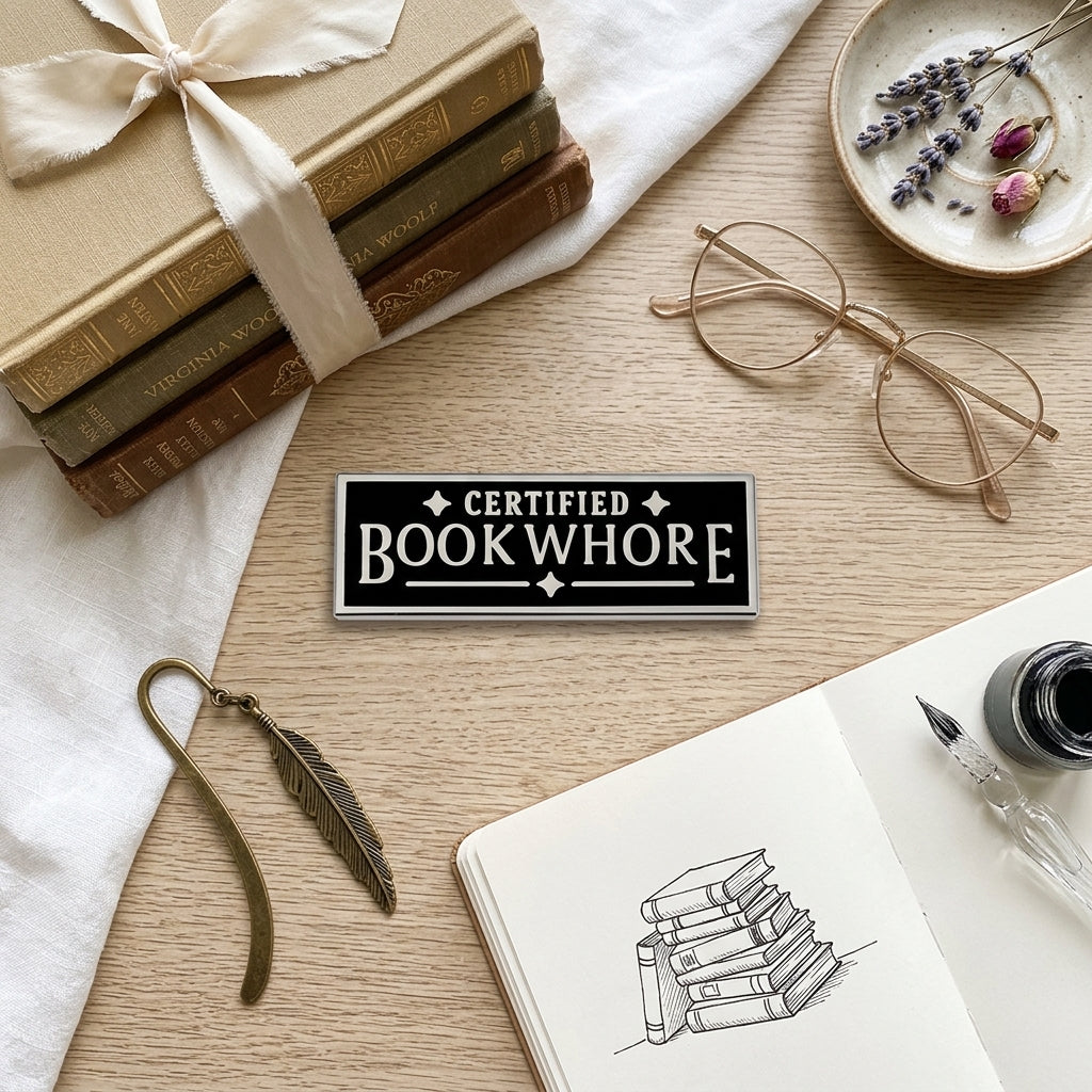 A rectangular black sign with white text reading 'CERTIFIED BOOKWHORE' is styled on a light wood tabletop with books, glasses, a bookmark, notebook, ink, and dried flowers around it.