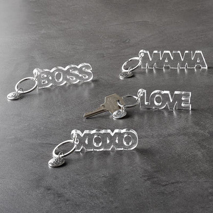 Clear acrylic keychains with text and charms on a dark surface