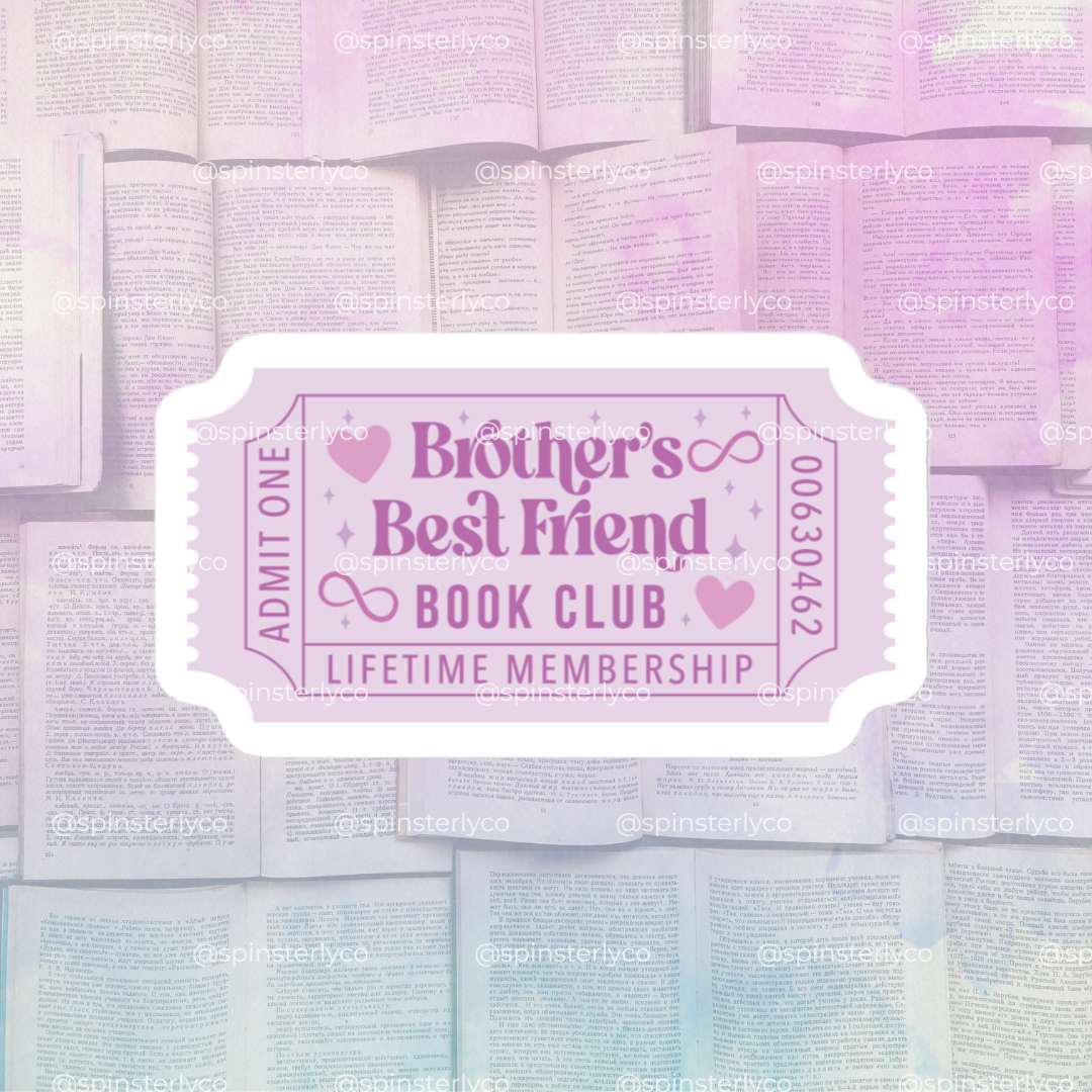 A decorative ticket-shaped graphic reading 'Brother's Best Friend Book Club Lifetime Membership' in pink and purple lettering, centered over a pastel background of open books.