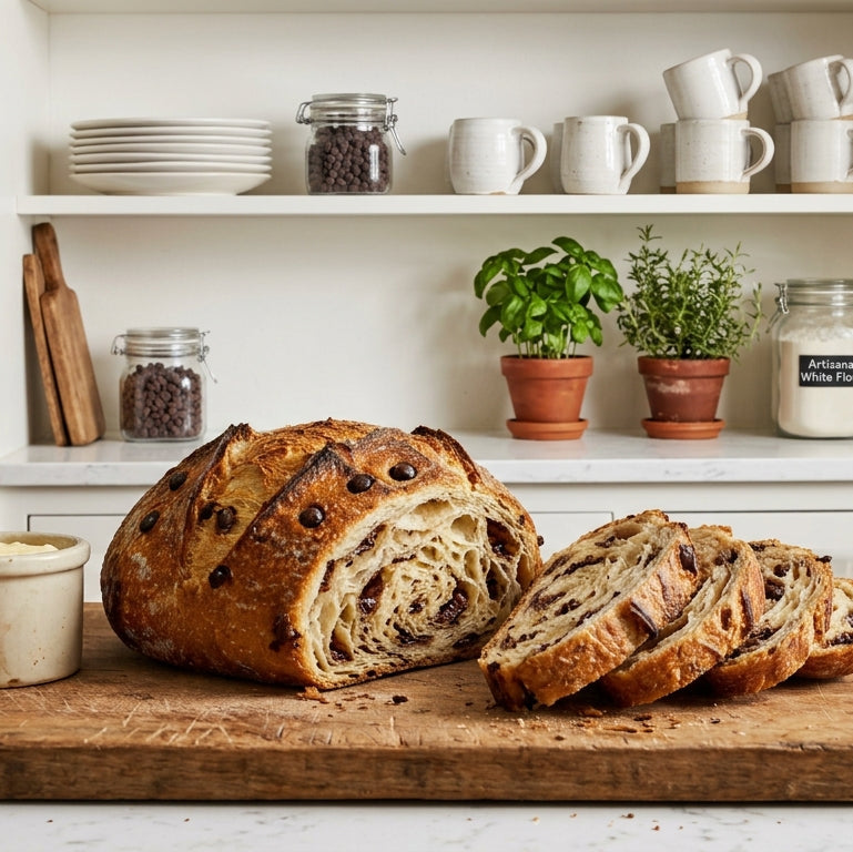 A rustic loaf of sweet bread with sliced pieces on a wooden cutting board, set on a marble countertop in a bright, styled kitchen with shelves of dishes and potted herbs.