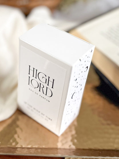 White box of 'High Lord' perfume on a reflective surface