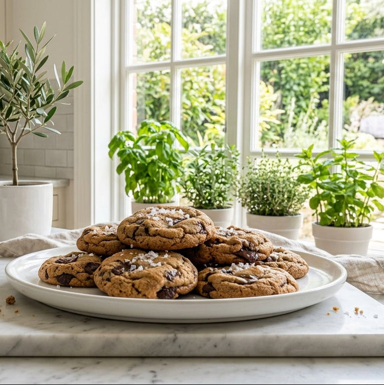A plate of chocolate chip cookies sits on a marble cutting board in a bright, modern kitchen with white cabinets, potted plants, and a large window.