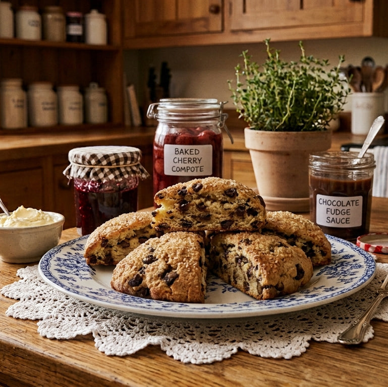 A plate of chocolate chip scones on a wooden kitchen table, surrounded by jars of jam, a bowl of fresh strawberries, and clotted cream, with a cozy rustic kitchen background.