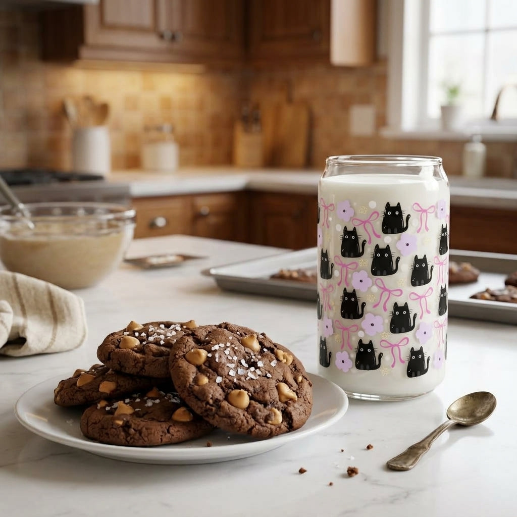 A clear glass can-shaped drink tumbler with a white printed pattern of black cats and pink bows, filled with milk, set on a kitchen counter beside a plate of chocolate peanut butter chip cookies.