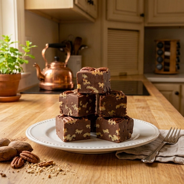 Four stacked chocolate squares with visible nuts on a white plate, set on a wooden kitchen counter with scattered chocolate pieces, a fork, and a small plant in the background near a window.