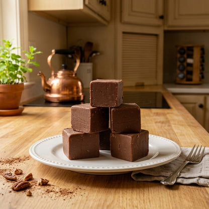 A stack of chocolate-fudge-like dessert cubes on a white plate on a wooden kitchen counter, with a plate, fork, cocoa powder, and a potted plant in a warm kitchen setting.