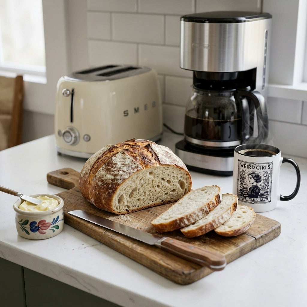 A rustic loaf of bread with three slices on a wooden cutting board on a kitchen counter, alongside a small bowl of butter, a wooden knife, a cream-colored Smeg toaster, a coffee maker, and a white mug with a black graphic.