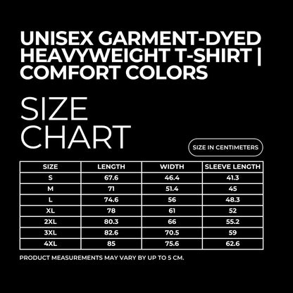 A size chart graphic for a unisex garment-dyed heavyweight T-shirt in comfort colors, showing measurements in centimeters for sizes S through 4XL on a black background.