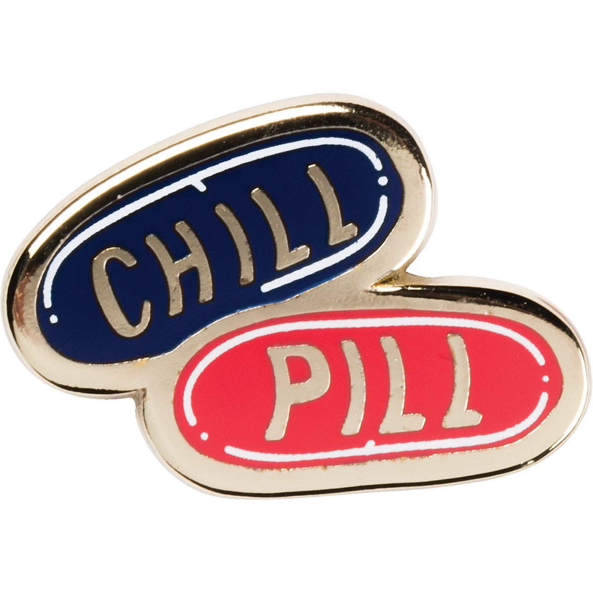 Enamel pin with 'CHILL' on a blue background and 'PILL' on a red background, with gold border.