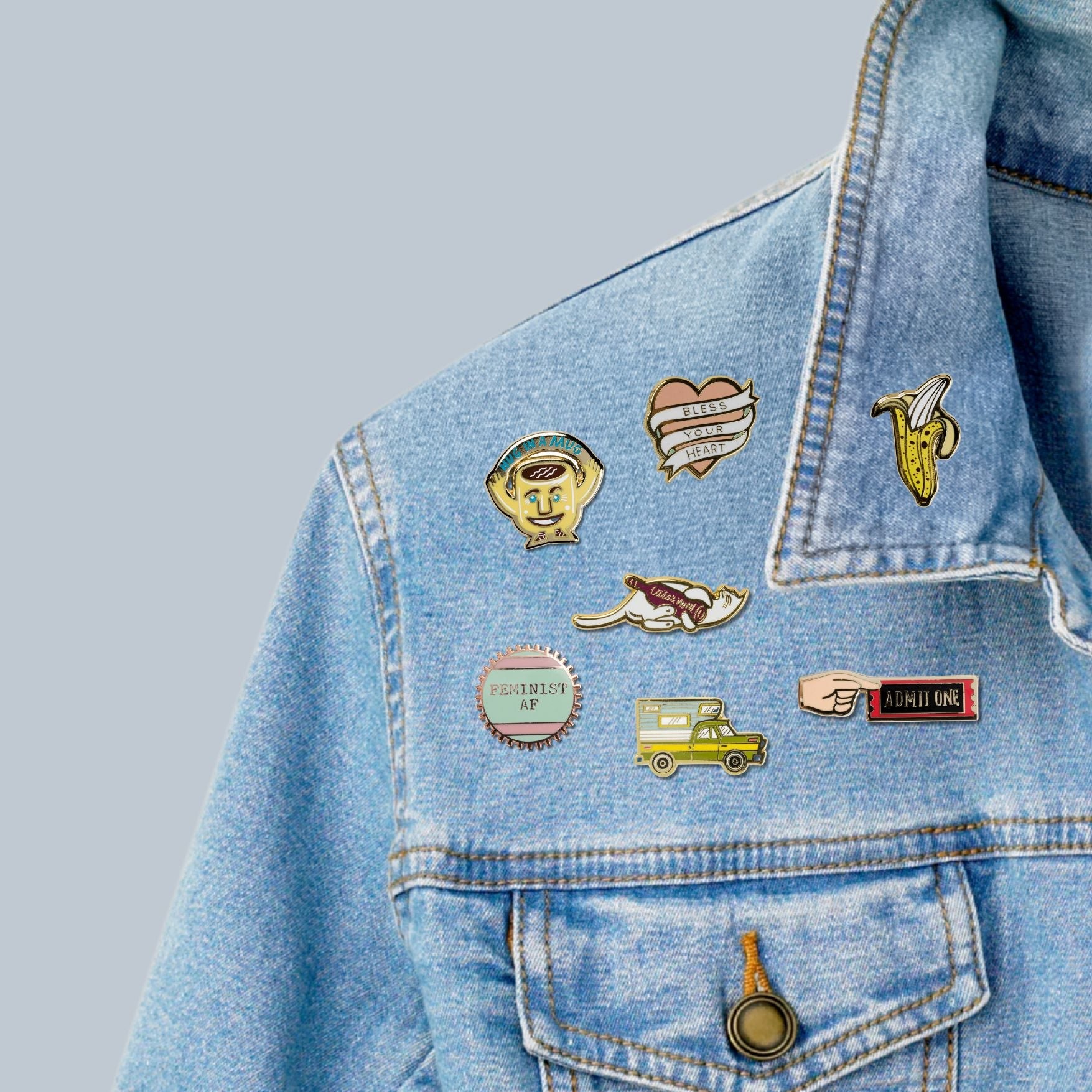 Feminist AF Enamel Pin by The Bullish Store, pink and green stripes, 1 inch wheel enamel pin