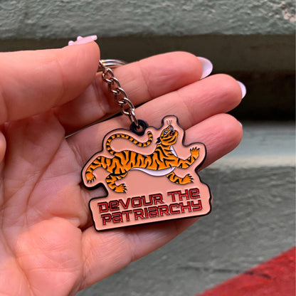 Devour the Patriarchy Feminist Enamel Keychain by The Bullish Store with tiger motif and split ring