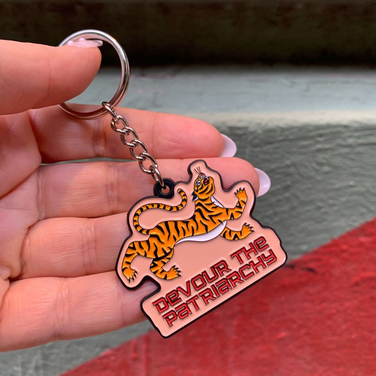 Devour the Patriarchy Feminist Enamel Keychain by The Bullish Store, tiger motif with split ring attachment