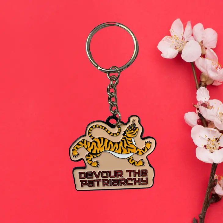 Devour the Patriarchy Feminist Enamel Keychain by The Bullish Store, tiger motif enamel with split ring