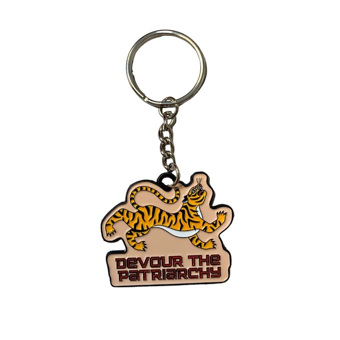 Devour the Patriarchy Feminist Enamel Keychain by The Bullish Store with tiger motif enamel and split ring