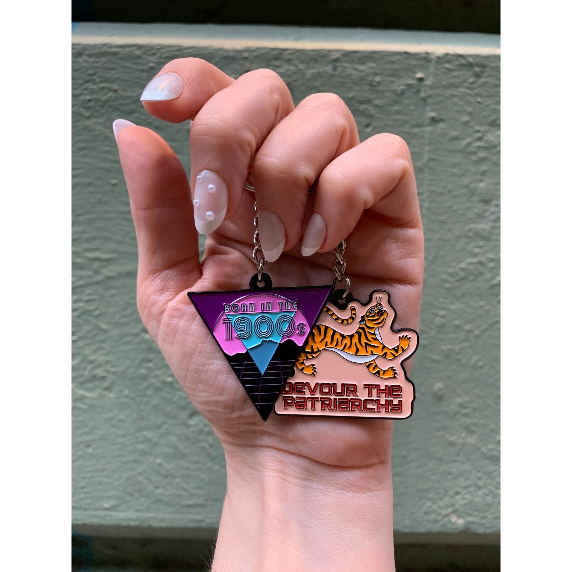 Devour the Patriarchy Feminist Enamel Keychain by The Bullish Store, tiger motif enamel with split ring