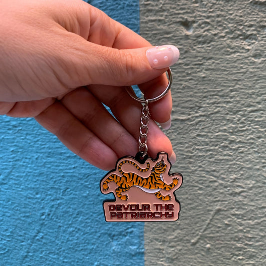 Devour the Patriarchy Feminist Enamel Keychain by The Bullish Store, tiger motif with split ring attachment