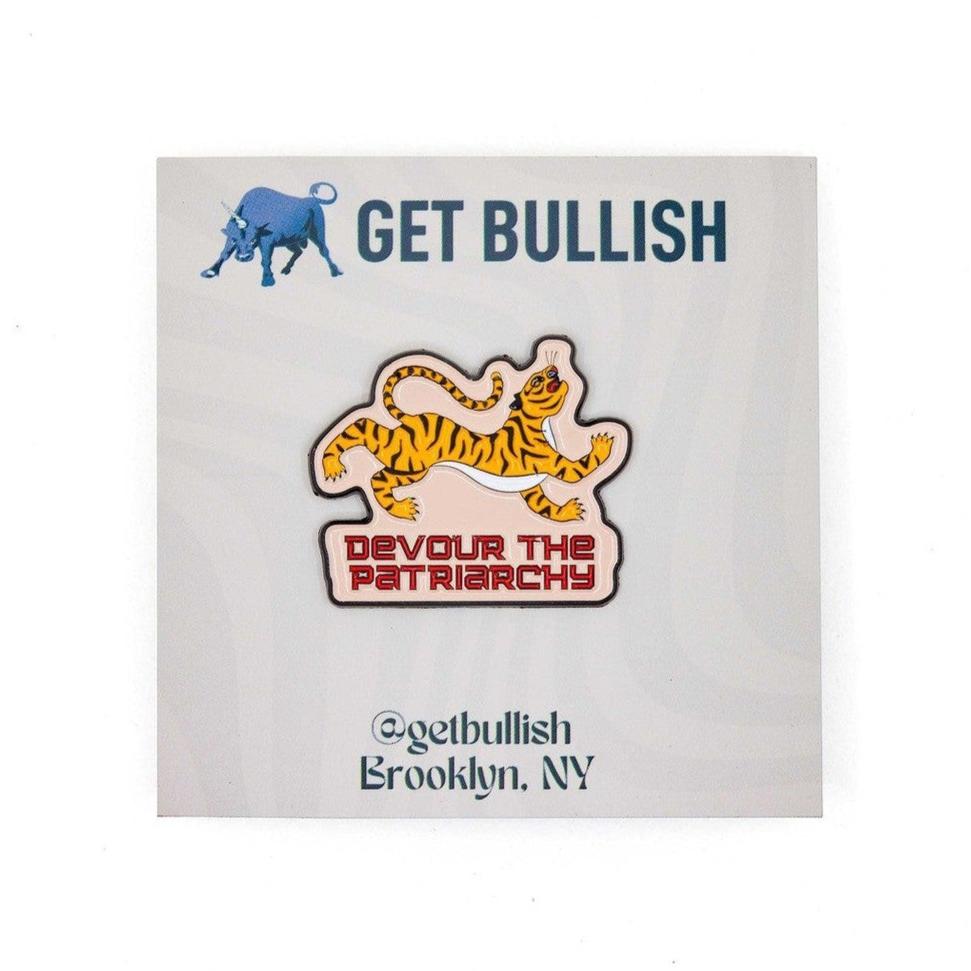 Sticker with tiger design and text 'Get Bullish' on a white background