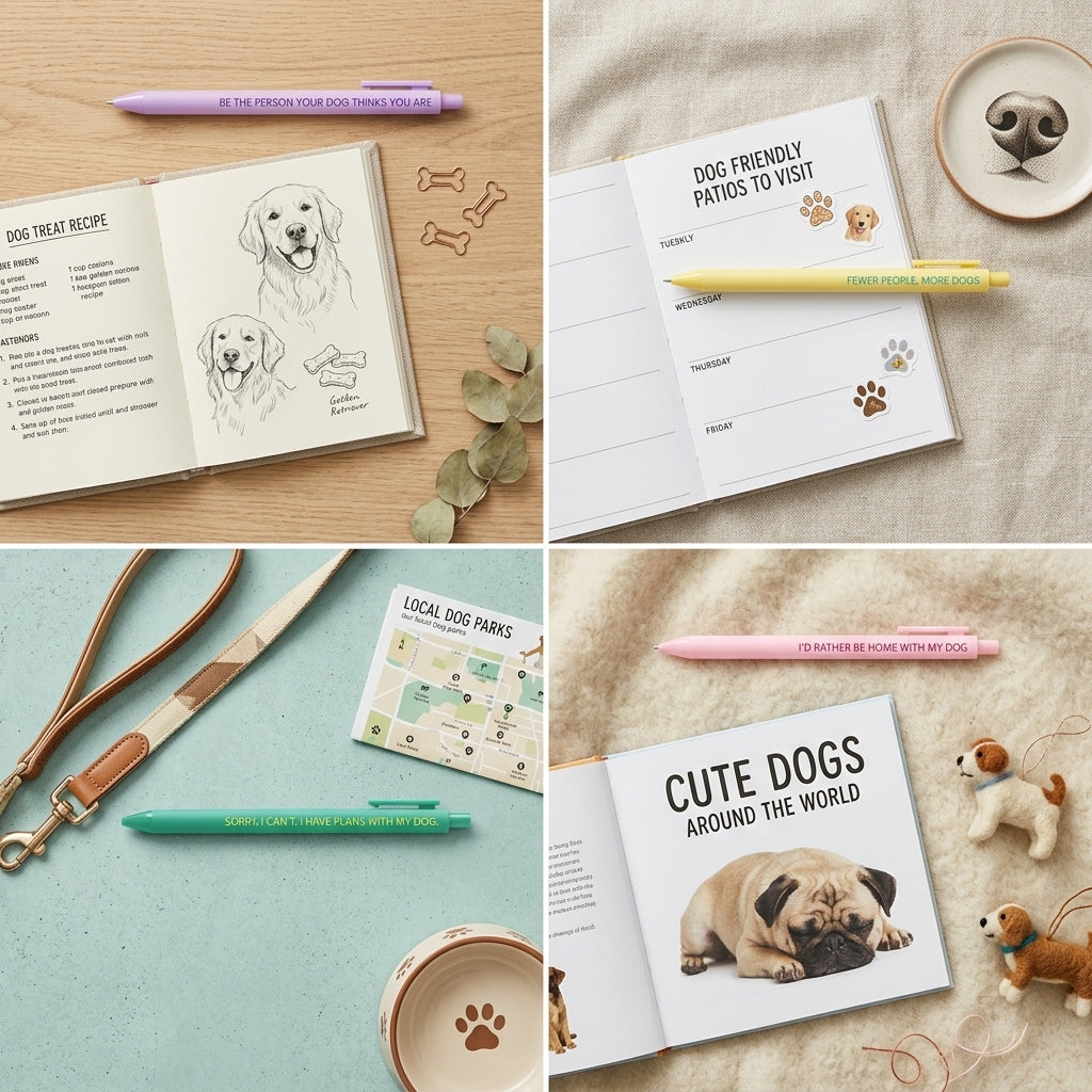 A four-panel collage showing dog-themed stationery and accessories arranged on different surfaces: a purple pen in a recipe notebook, a yellow pen in a photo tracker notebook, a mint green pen on a map card, and a pink pen beside a pug photo print. The items are styled with small dog toys, a leash, a bowl, and printed dog-themed paper on wood, fabric, and pastel backgrounds.