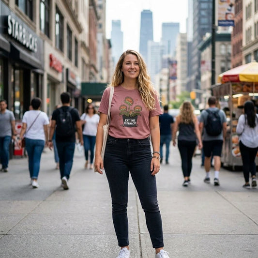 A woman stands on a city sidewalk wearing a dusty rose graphic T-shirt with a green venus fly trap floral design and the text 'EAT THE PATRIARCHY', paired with dark wash skinny jeans and white sneakers. Pedestrians walk in the background of an urban street scene.