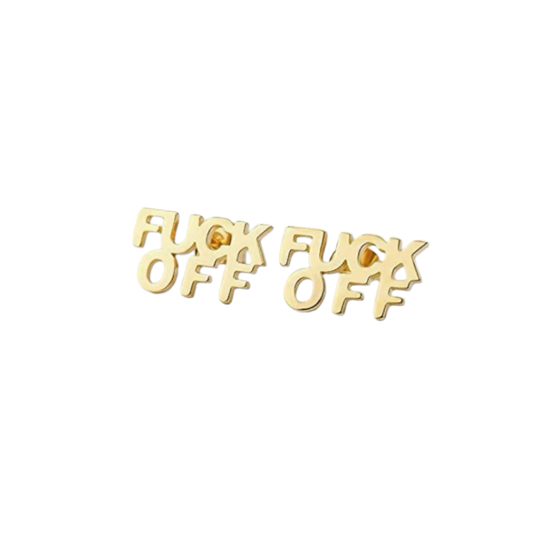 Gold earrings with 'F*CK OFF' text on a white background