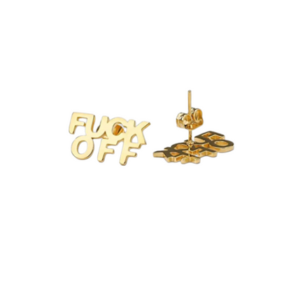 Gold earrings with 'F**K OFF' text on a white background