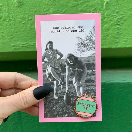 Feminist AF Enamel Pin The Bullish Store pink and green stripes wheel enamel pin reads Feminist AF
