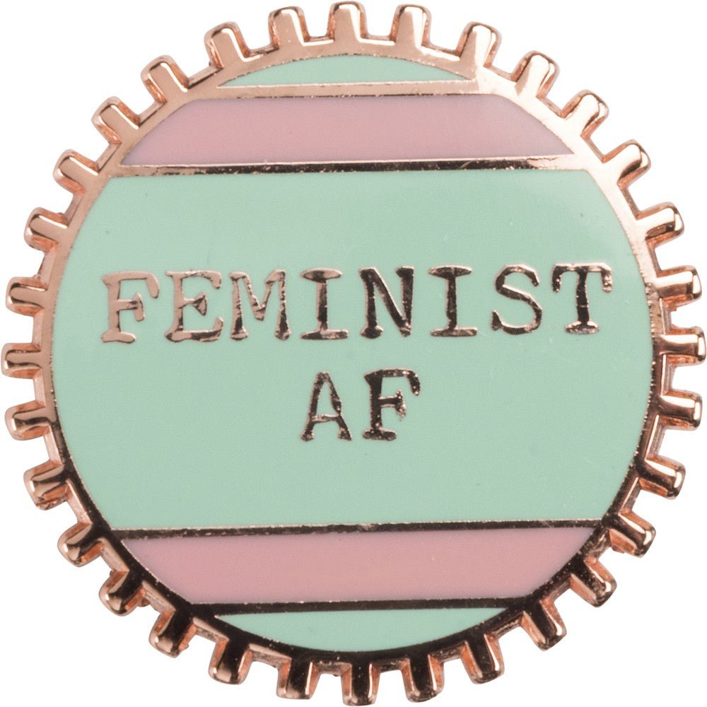 Feminist AF Enamel Pin The Bullish Store wheel enamel pin with pink and green stripes reads Feminist AF