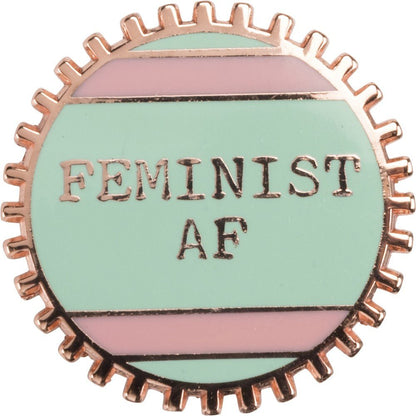 Feminist AF Enamel Pin The Bullish Store wheel enamel pin with pink and green stripes reads Feminist AF