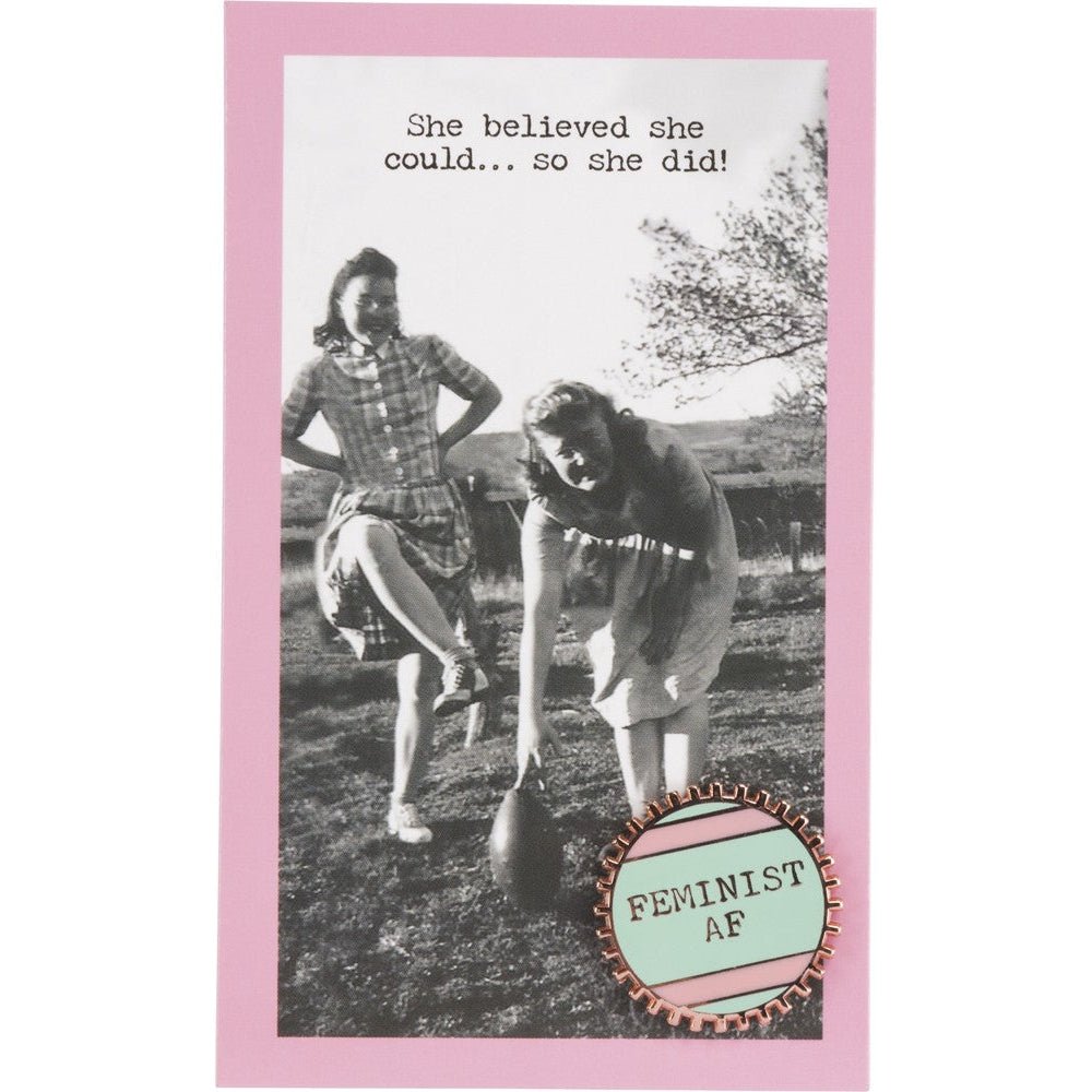 Feminist AF Enamel Pin The Bullish Store wheel-shaped enamel pin in pink and green stripes