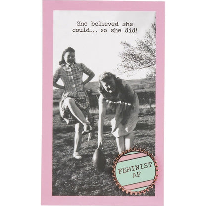 Feminist AF Enamel Pin The Bullish Store wheel-shaped enamel pin in pink and green stripes