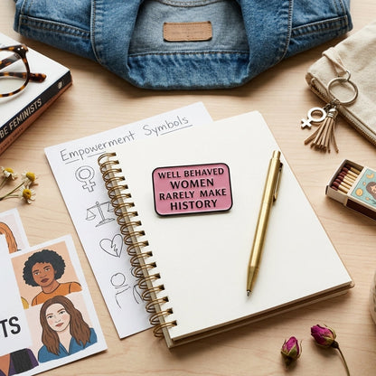 A styled flat-lay featuring a spiral notebook with a pink sticker that reads 'WELL BEHAVED WOMEN RARELY MAKE HISTORY' on a light wood desk, surrounded by feminist-themed props including a denim bag, glasses, a book, a cup of coffee, and printed cards.