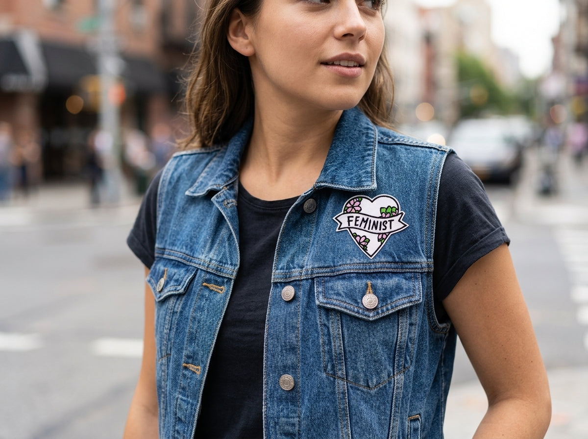 A woman wearing a blue denim vest over a black t-shirt, standing on a blurred city street. The vest features a heart-shaped patch on the left chest with the word 'FEMINIST' and a small green leaf graphic.
