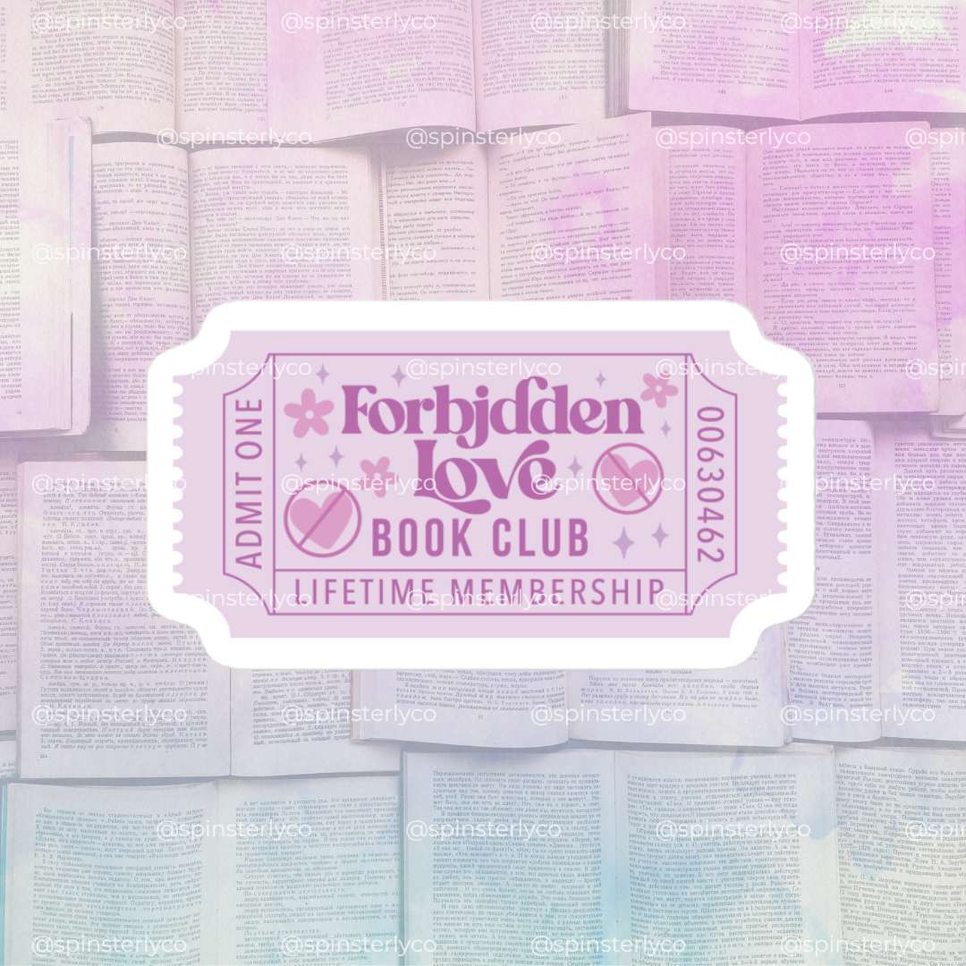 A pink and purple ticket-style graphic reading 'Forbidden Love Book Club Lifetime Membership' with 'Admit One' on the left side, overlaid on a soft pastel background of open books.