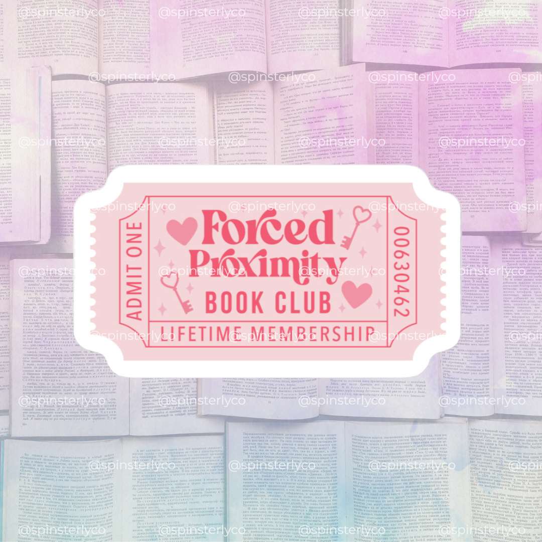 A pink and white ticket-style graphic reading 'Forced Proximity Book Club Lifetime Membership' with hearts and key illustrations, centered over a soft pastel background of stacked books.