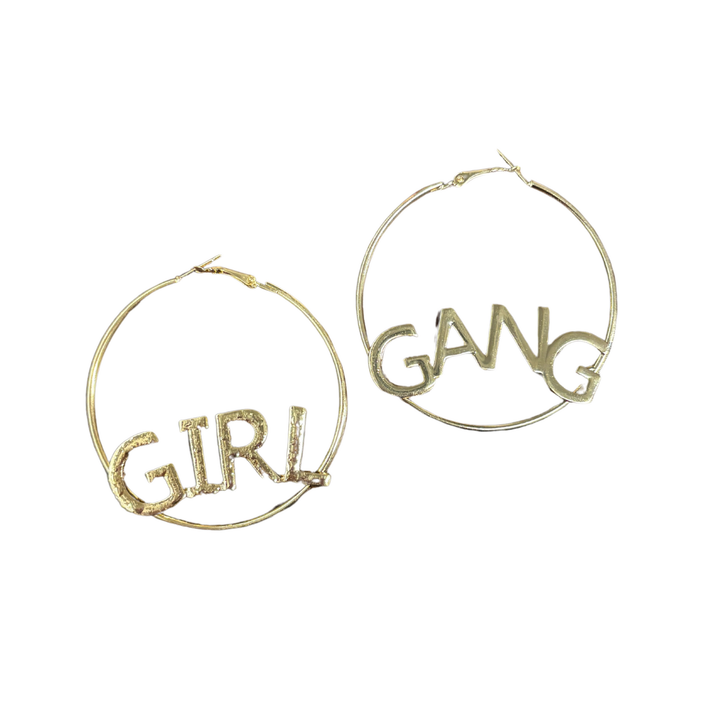 Gold hoop earrings with 'GIRL' and 'GANG' text on a white background