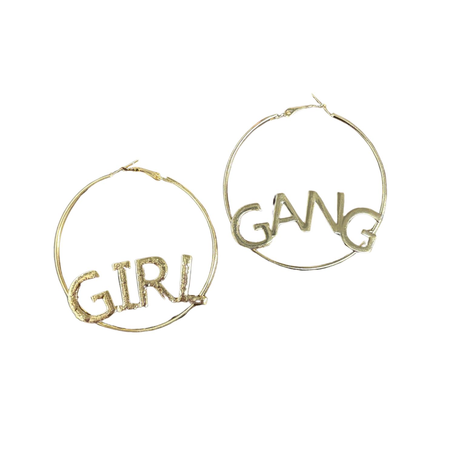 Gold hoop earrings with 'GIRL' and 'GANG' text on a white background