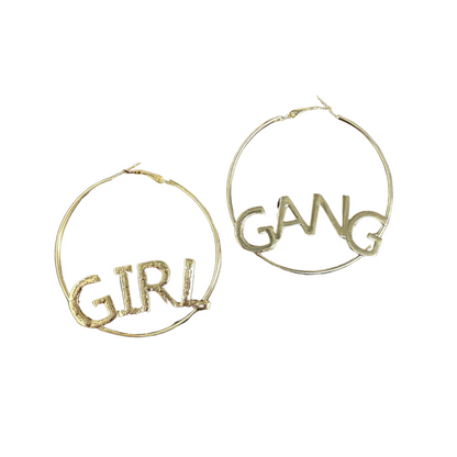 Gold hoop earrings with 'GIRL' and 'GANG' text on a white background