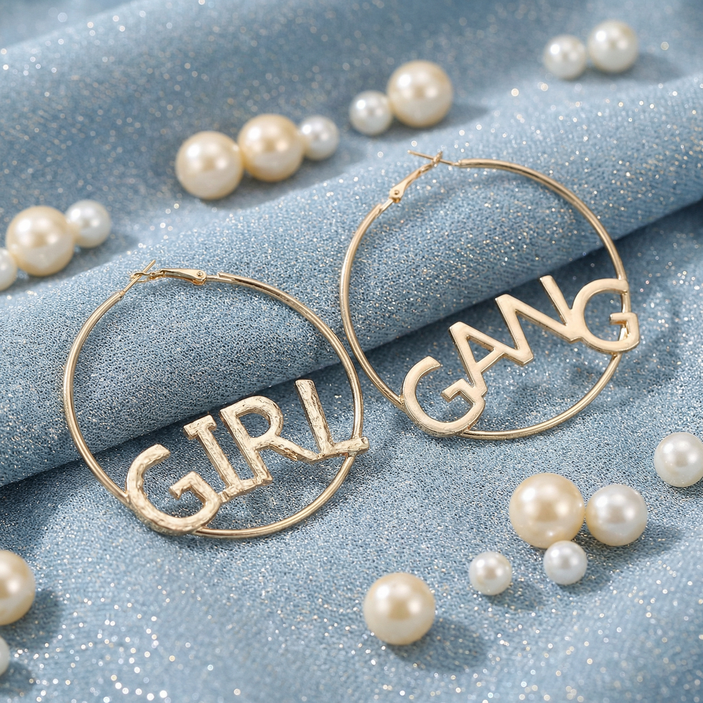 Gold hoop earrings with 'GIRL GANG' text on a blue fabric background with pearls.