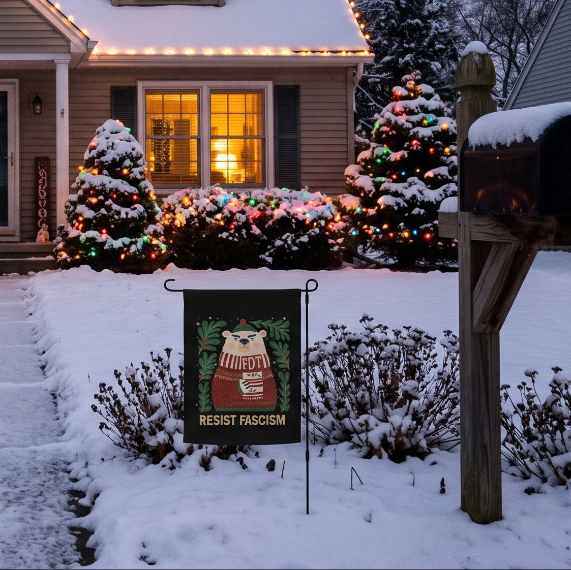 A snow-covered suburban house at dusk with warm window lights, string lights outlining the roofline, decorated Christmas trees in the front yard, a snowy walkway, and a mailbox on the right, with a yard flag featuring a polar bear in a red sweater and scarf that says "FDT", with the phrase "RESIST FASCISM" beneath the design.