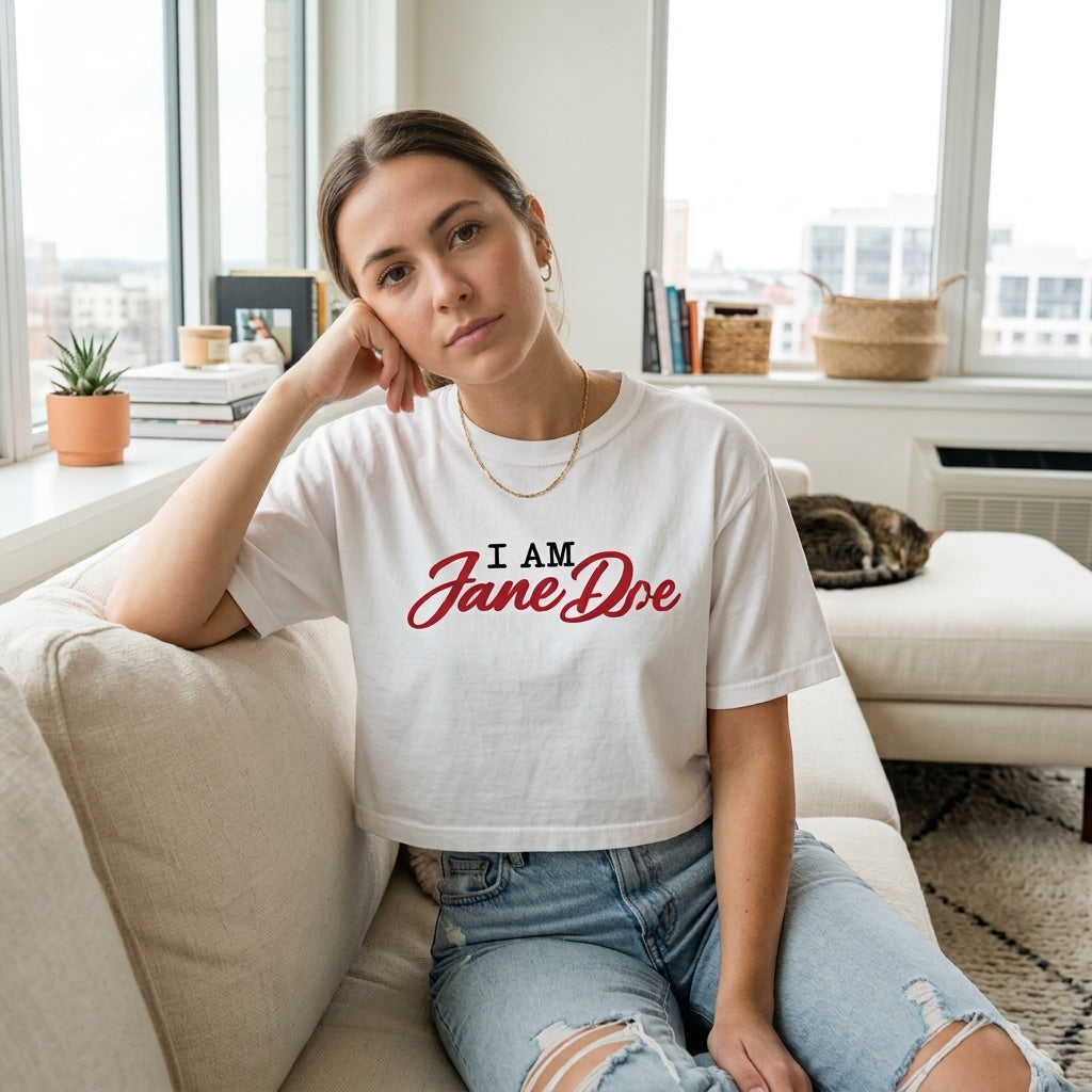 A woman sitting on a beige couch in a bright living room, wearing a white cropped T-shirt with the text 'I AM Jane Doe' in red script and distressed blue jeans.