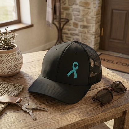 Teal Ribbon Embroidered Trucker Hat | Sexual Violence Awareness