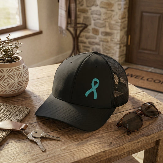 Teal Ribbon Embroidered Trucker Hat | Sexual Violence Awareness
