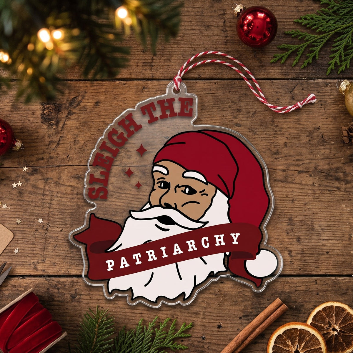 A personalized Christmas ornament featuring a cartoon Santa with the text 'SERCH THE PATRIARCHY' on a rustic wooden background decorated with holiday lights, ornaments, pine branches, and gift items.