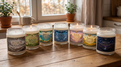 Six candles in clear glass jars with colorful illustrated labels are arranged on a wooden table in a warm, sunlit room near a window.