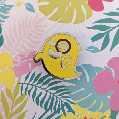 Gaysper Friends Hard Enamel Pride Pins by Cunning Linguist Co, silver ghost pin on yellow enamel