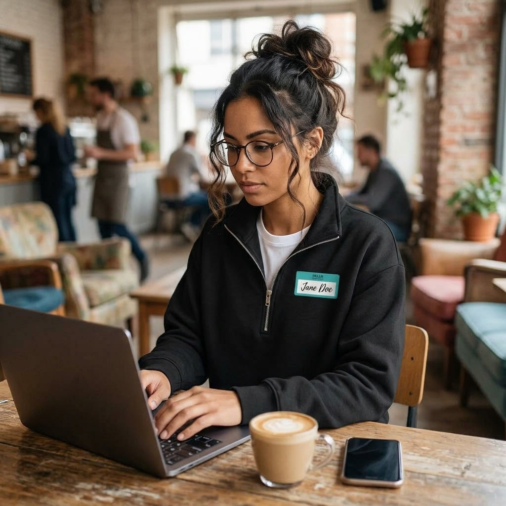A woman wearing glasses and a black zip-up fleece jacket sits at a wooden table in a cozy cafe, typing on a laptop. A name tag graphic on her jacket reads 'Jane Doe'.