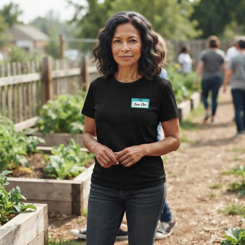 A woman stands in a garden center wearing a black short-sleeve t-shirt with a small blue and white 'Jane Doe' name tag on the left chest, paired with dark gray jeans. Other people are visible walking in the background along a garden path.